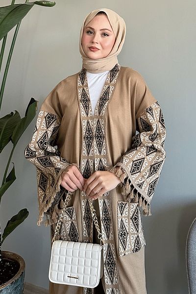 InStyle Ethnic Pattern Tasseled Beige Kimono