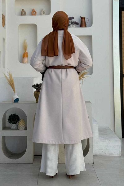 Bym Fashion Stemp Coat 7868 - Φόδρα, Δερμάτινη ζώνη μέσης και χρώμα πέτρας