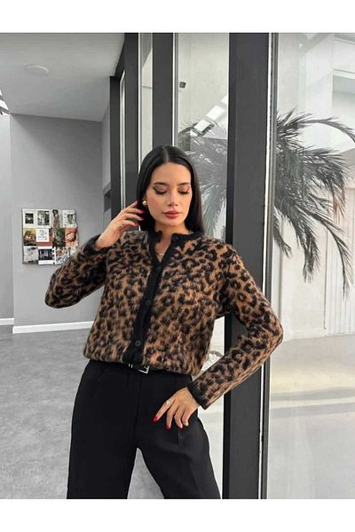 Pazar Sepeti Cardigan din tricotaje moale cu model leopard