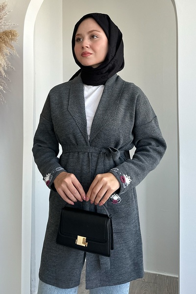 InStyle Gray Knitwear Jacket with Embroidery Pockets and Sleeves