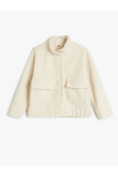 Koton Plush Jacket Stand Collar Cap Pocket Detail Long Sleeve