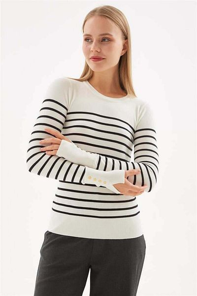 Fashion Friends Ecru Striped Crew Neck Sweater