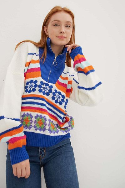 Fashion Friends Pulover tricotat cu imprimeu cu gât camioner, cu croiala normală, 24K0840K1