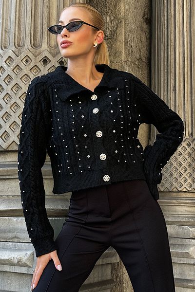 VAGGON Women's Black Embroidered Knitwear Cardigan Vs00005