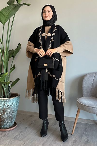 InStyle Κορδόνι Κέντημα Φούντες Μαύρο Πλεκτό Πόντσο