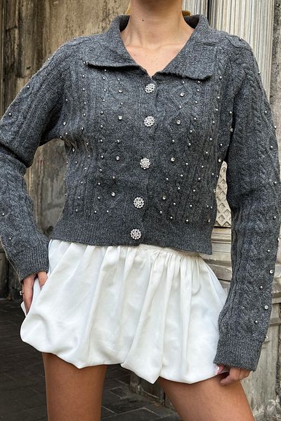 VAGGON Women's Anthracite Embroidered Knitwear Cardigan Vs00005