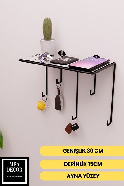mba decor metal bending art Black Mirror Surface Wall Shelf and Keychain Hanger – Minimalist Metal Decorative Shelf