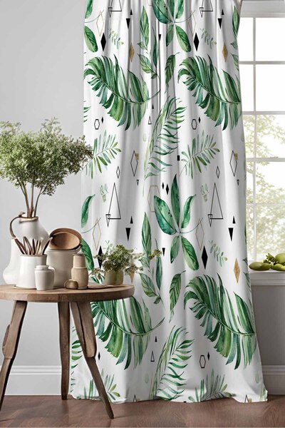 Else Halı Tropikal Yeşil Yapraklar Desenli Djital Baskılı Yemek Odası Mutfak Fon Perde 140x260cm