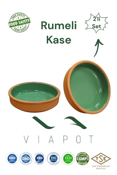 Viapot Rumeli Soil Casserole Bowl 450 ml - 2 Pieces of Pottery with Color Glazed Inside 15,5X4Cm - Green