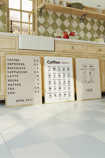 House Gorgeous Set de 3 afișe fără rame cu design de cafea Essentials Collection Coffee Corner