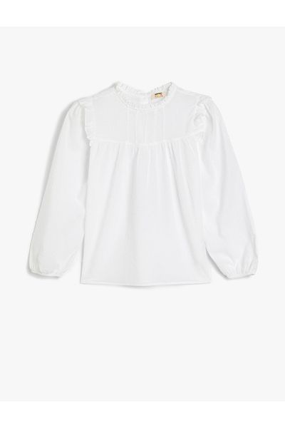Koton Baumwollbluse mit langen Ärmeln – Rüschendetails, Stehkragen