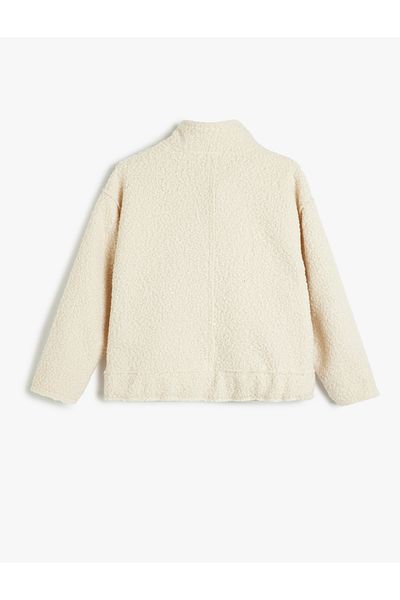 Koton Plush Jacket Stand Collar Cap Pocket Detail Long Sleeve