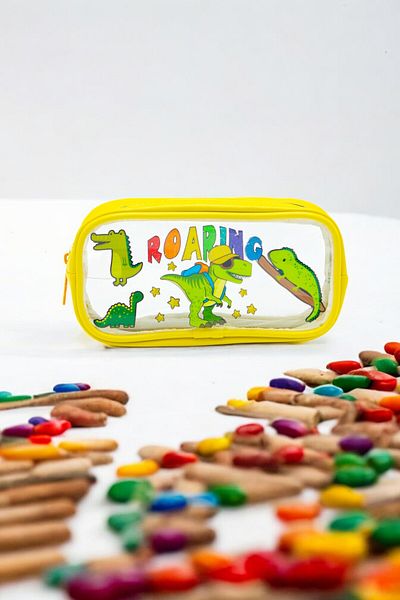 DİNGABAGS Kaff 01112 Yellow Color Dinosaur Patterned Transparent Waterproof Single Compartment Pencil Case