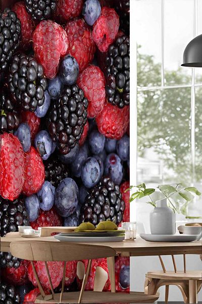 3D ELSE HALI Strawberry Blackberries Patterned Digital Printed Dining Room Kitchen Background Curtain 140X260Cm