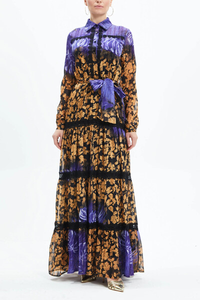 SERPİL Yaprak Desenli Dantel Detaylı Beli Kuşaklı Uzun Kollu Maxi Boy Mor Elb...