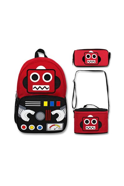 Famebag Red Robot Patterned Ummit Bag - School Nutrition and Pen Set