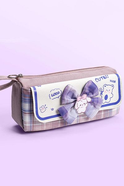 Go Veform Geantă creion pentru fete cu fundă liliac - mai multe compartimente, model 7200