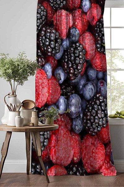 3D ELSE HALI Strawberry Blackberries Patterned Digital Printed Dining Room Kitchen Background Curtain 140X260Cm