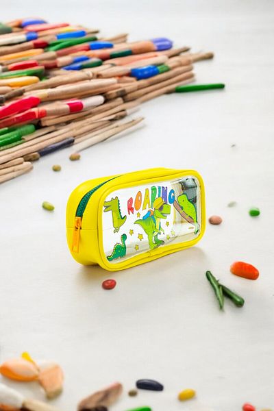 DİNGABAGS Kaff 01112 Yellow Color Dinosaur Patterned Transparent Waterproof Single Compartment Pencil Case