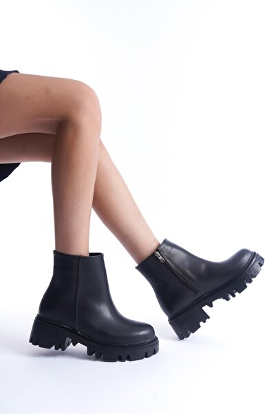 CZ London Kadın Fermuarlı Tırtıklı Kalın Taban Kışlık Ayakkabı