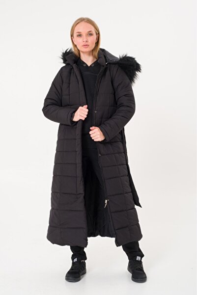 1tarz Günlük Kışlık Kapüşonlu Tam Boy Şık Şişme Siyah Kadın Mont