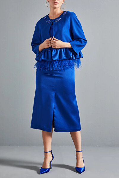 SERPİL Püskül ve Fırfır Detaylı Saten Midi Boy Saks Kalem Etek 37309