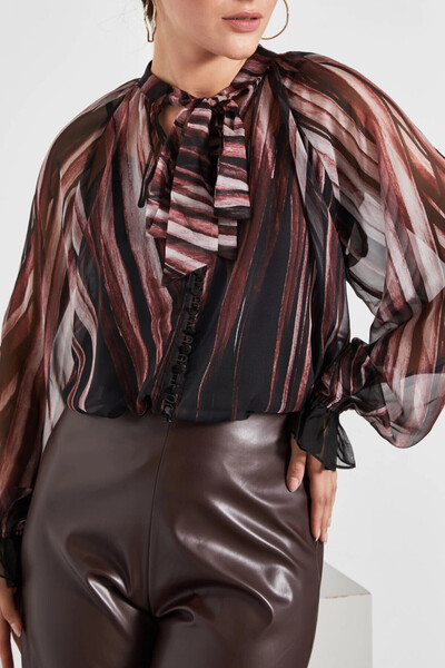 SERPİL Çizgili Fiyonk Yaka Şifon Balon Kol Kahve Gömlek 37109