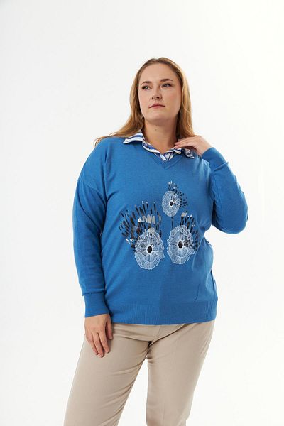RMG Printed Indigo Knitwear Sweater with V-Neck - Cashmere Blend, Plus Size