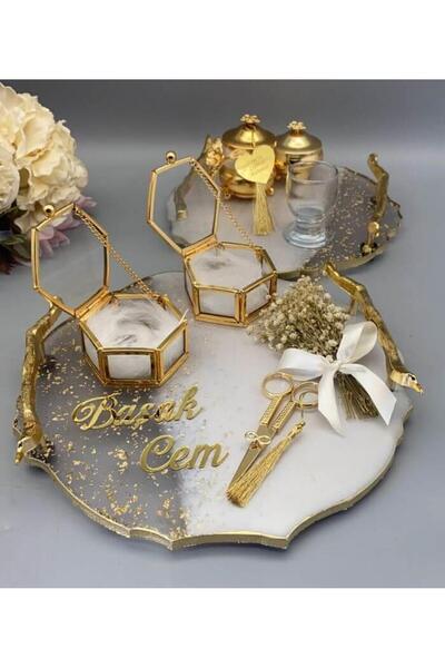 gifthomeshop Epoksi Yuvarlak Yüzük ve Damat Kahve Tepsi Seti