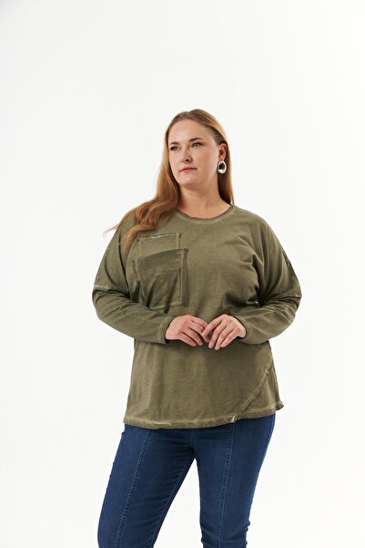 RMG Khaki Colored Large Size Paint Sweatshirt - Pocket Detailed