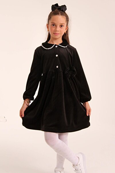 Perendi Μαύρο βελούδο - Κοριτσίστικο φόρεμα με κουμπιά