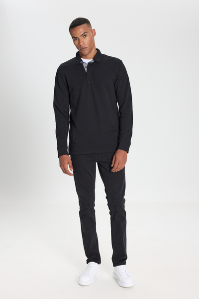 ALTINYILDIZ CLASSICS Μαύρο μακρυμάνικο μπλουζάκι από 100% βαμβακερό λεπτή εφαρμογή με λαιμόκοψη πόλο με μακρυμάνικο