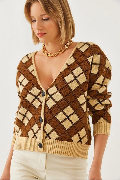 Bianco Lucci Women's V-Neck Buttoned Jacquard Knitwear Cardigan 20246256