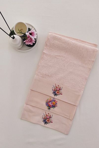 Sevim 3-Piece Kitchen Towel Set - Salmon Bamboo Hand Towel Set - Extra Soft - 30X50 cm - Flower Garden