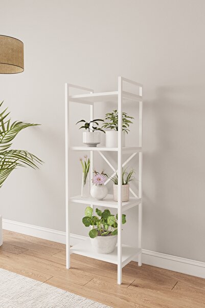 Mobitopya Nilamu Beyaz Saksılık | 4 Raflı Metal Aksamlı Organizer | Ofis Ev Dekoratif 45×135×30 Cm