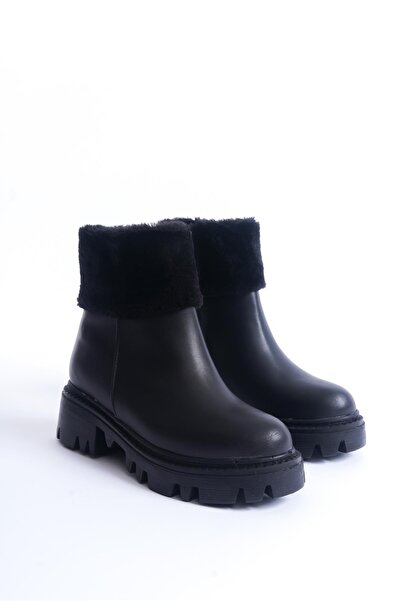 CZ London Kadın Kalın Tırtıklı Tabanlı Kürk Detaylı Fermuarlı Günlük Bot