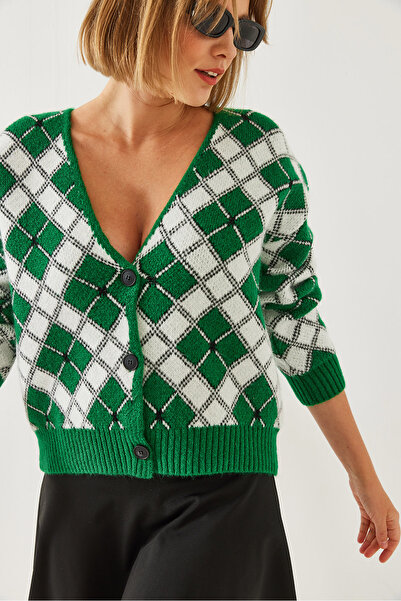 Bianco Lucci Women's V-Neck Buttoned Jacquard Knitwear Cardigan 20246256