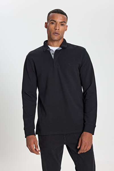 ALTINYILDIZ CLASSICS Μαύρο μακρυμάνικο μπλουζάκι από 100% βαμβακερό λεπτή εφαρμογή με λαιμόκοψη πόλο με μακρυμάνικο