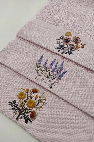 Sevim Lavender 3-Piece Printed Kitchen and Guest Towel Set - Pink Hand Towel - 30X50 cm