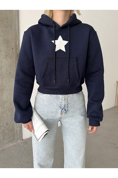 SHAWY Women's Navy Blue Hooded Star Printed Three Thread Raster Crop Sweatshirt