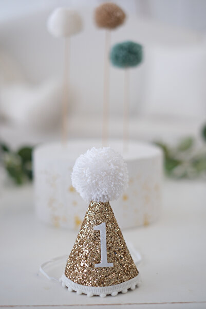 Partifabrik Yeni Sezon Gold Yaldızlı Simli 1 Yaş Ponponlu  Taç Lastikli Şapka Taç