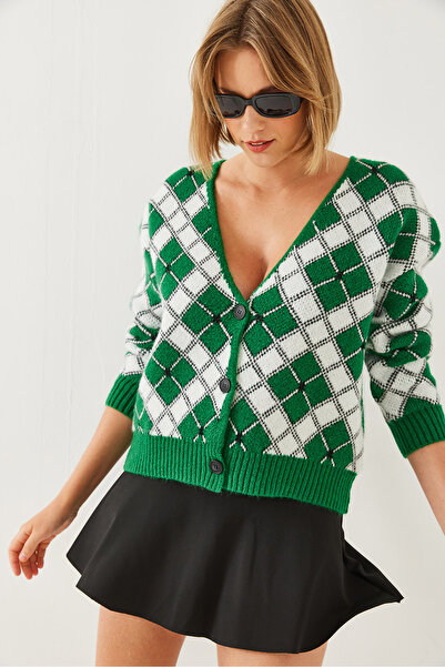 Bianco Lucci Women's V-Neck Buttoned Jacquard Knitwear Cardigan 20246256