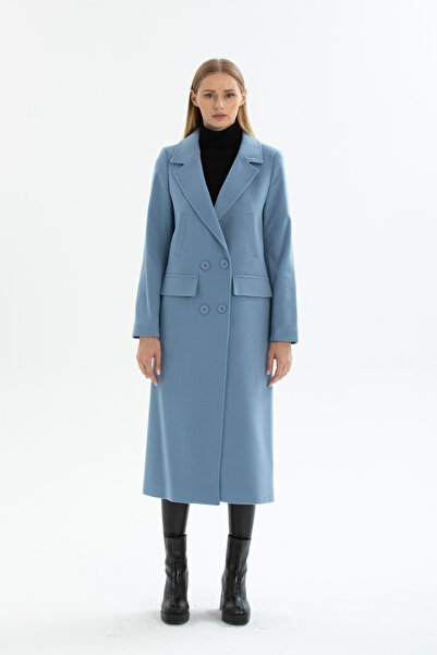 Pitti Kadın Mavi Düğmeli Kanguru Cepli Uzun Star Kaban 70569