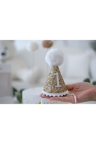 Partifabrik New Season Gold Gilded Glitter 1 Year Old Pompom Crown Elastic Hat Crown
