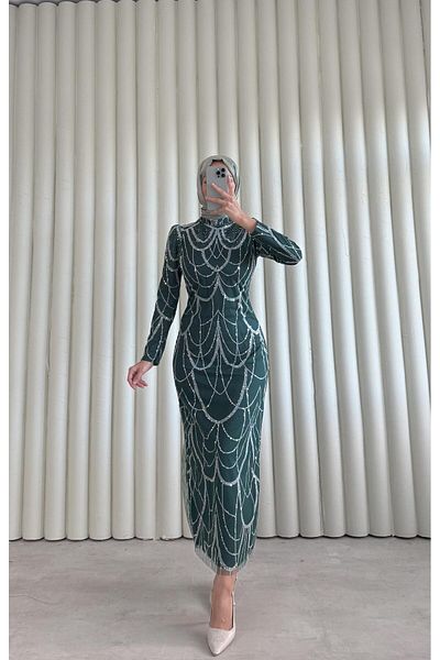 waw tesettür New Season Embroidery Detailed Pencil Teseture Gown