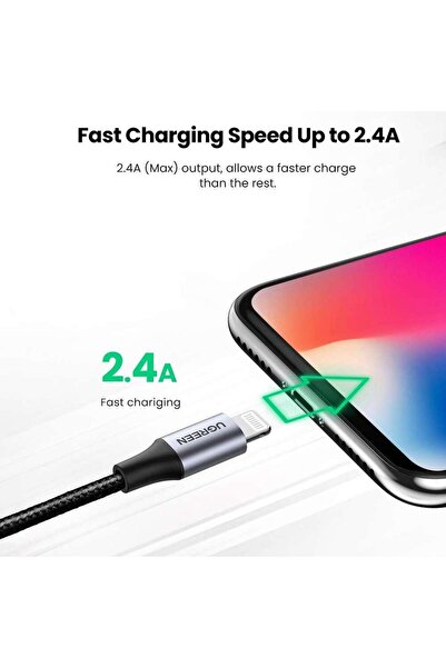 Ugreen Lightning Iphone Örgülü Data Ve Şarj Kablosu Siyah 2 Metre