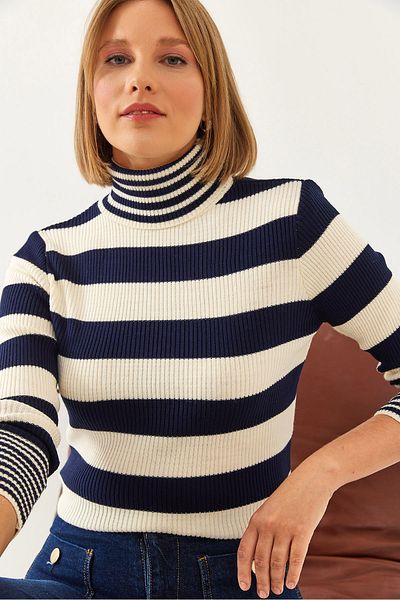 Bianco Lucci Gestreifter Strickpullover für Damen mit Rollkragen