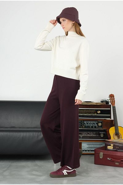 HEQA Pantaloni tricotați cu talie elastică de culoare prune închis