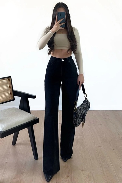 BİENAL BUTİK Чорні джинси з високою талією та еластичним поясом - Еластичні джинси Palazzo