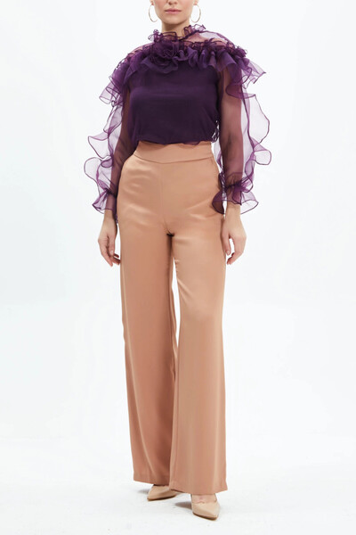 SERPİL Tül Şeffaf Kol Fırfırlı Yaka Çiçek Detaylı Uzun Kollu Bluz